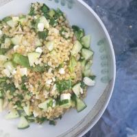 Israeli Couscous Salad with Cucumber, Spinach, and Parsley
