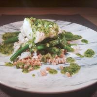 Pesto Poached Cod Over Green Beans and Farro